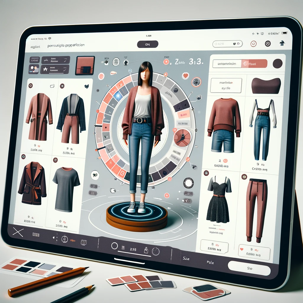An image showcasing personalization in fashion features diverse individuals tailoring digital avatars on interactive screens, selecting fabrics, colors, and styles. This scene embodies the blend of technology and personal taste, highlighting the unique, customized fashion experiences enabled by modern digital tools.