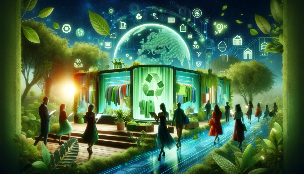 The image visualizes the eco-friendly transformation of the fashion industry through digitalization, depicting a digital landscape where sustainability and technology converge to promote a greener future in fashion.




