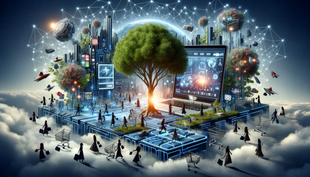 The image depicts a compelling digital landscape that highlights the crucial role of e-commerce in the future of fashion, illustrating its importance for the survival and growth of fashion brands in the digital era
