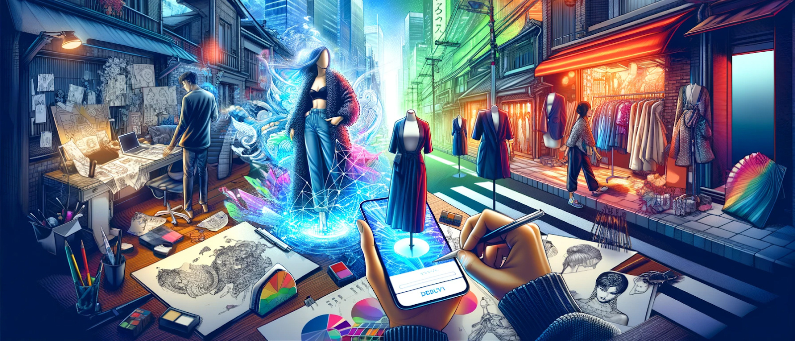 An illustration of ecommerce in Fashion with a holographic display of clothing designs amidst designers and various fashion items.